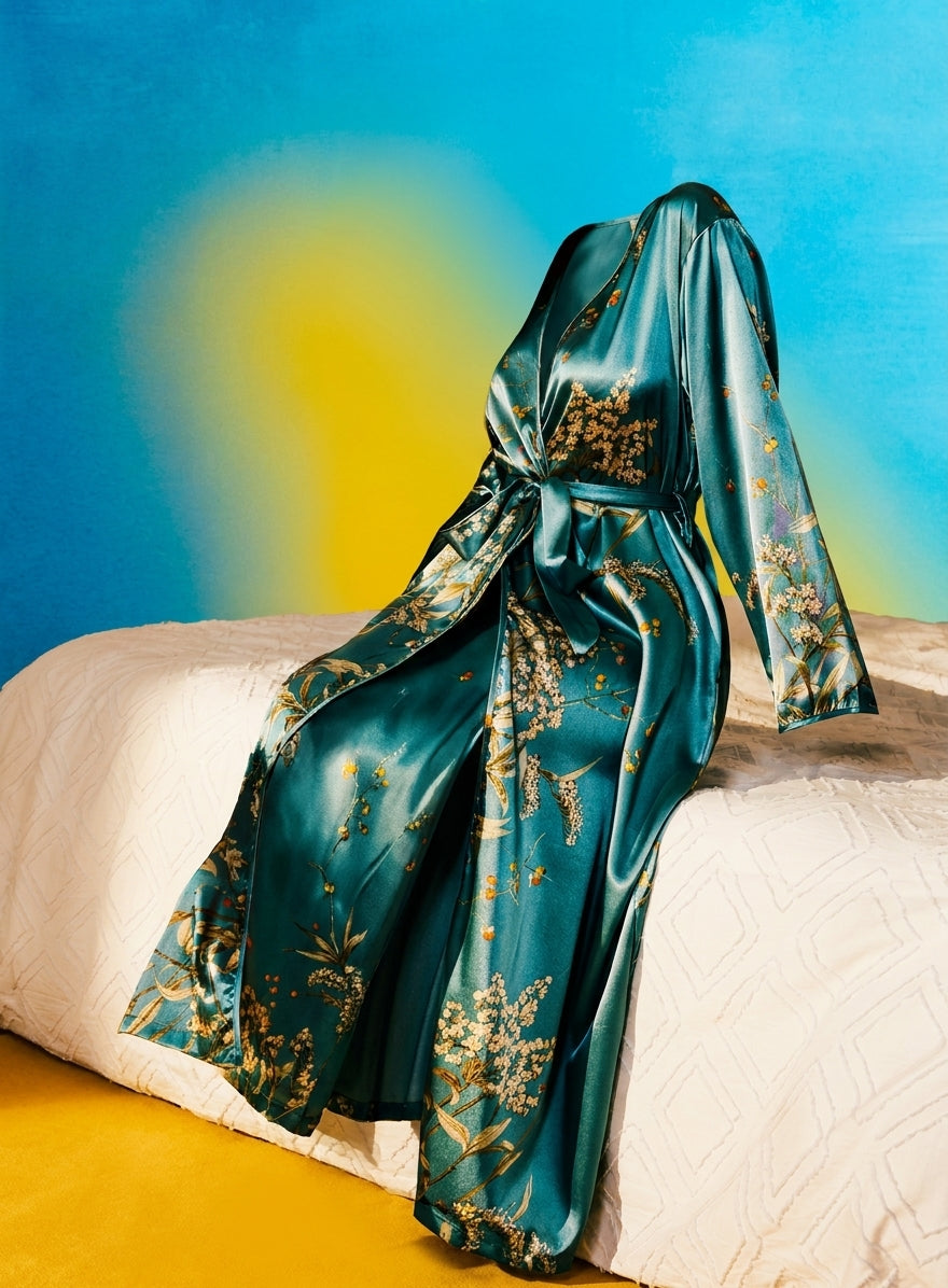 VELUNARA - Floral Satin Robe for Elegant At-Home Comfort