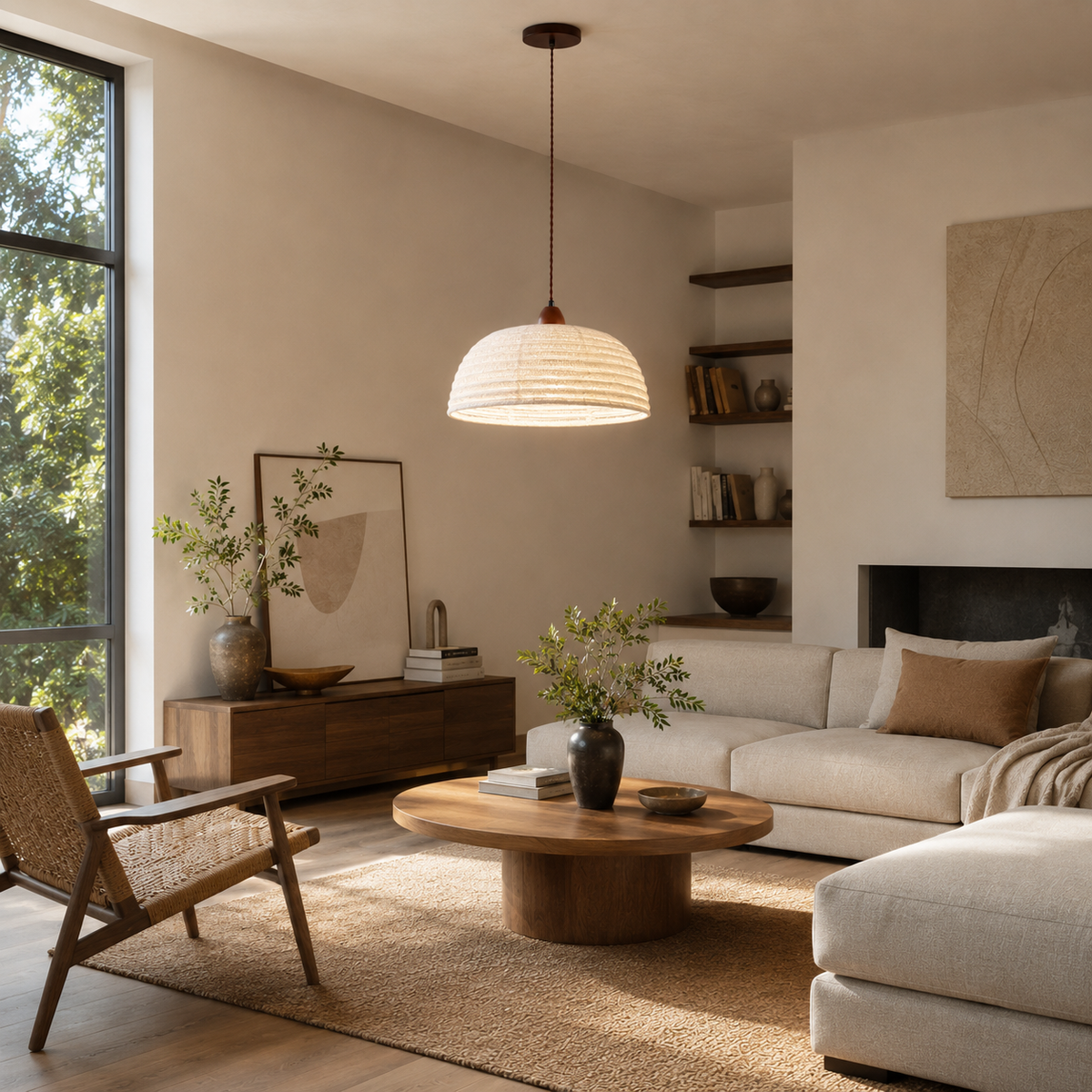 LIGNIVA - Statement Wood and Linen Pendant Lamp for Calming Light