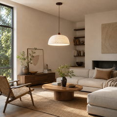 LIGNIVA - Statement Wood and Linen Pendant Lamp for Calming Light