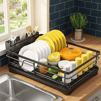 KITCHENDRY - Large dish drying rack with integrated drip tray designed for efficient drying, countertop protection, and organized kitchen storage