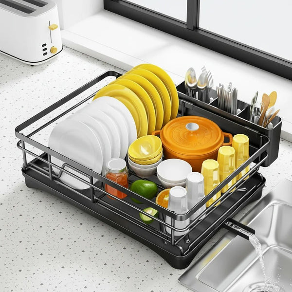 KITCHENDRY - Large dish drying rack with integrated drip tray designed for efficient drying, countertop protection, and organized kitchen storage