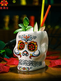 Drinking Glasses,Tattoo Skull Tiki Cocktail Glass,Flower Face Creative Cocktail Glasses,Ceramic Wineglass,Hawaii Bar Accessories