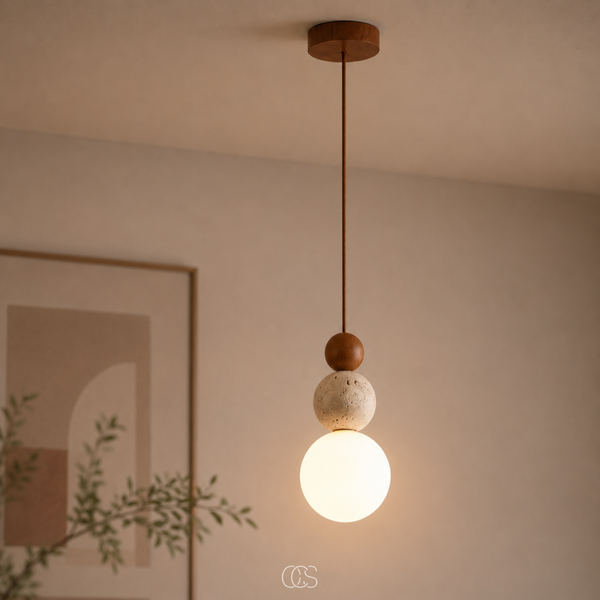 OCS - globe Wabi-Sabi Travertijn Hanglamp - minimalistische designlamp met glazen bol