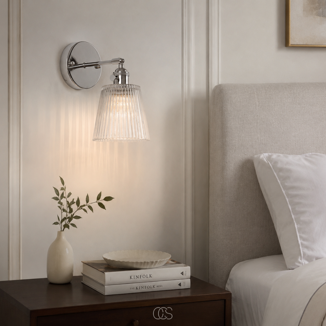 OCS - Klinky Luxe Vintage Wandlamp met Geribbeld Glas - Chroom/Nikkel Look