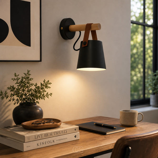 OCS - Scando Moderne Wandlamp - Scandinavisch Design met Houten Arm en Hangende Kap