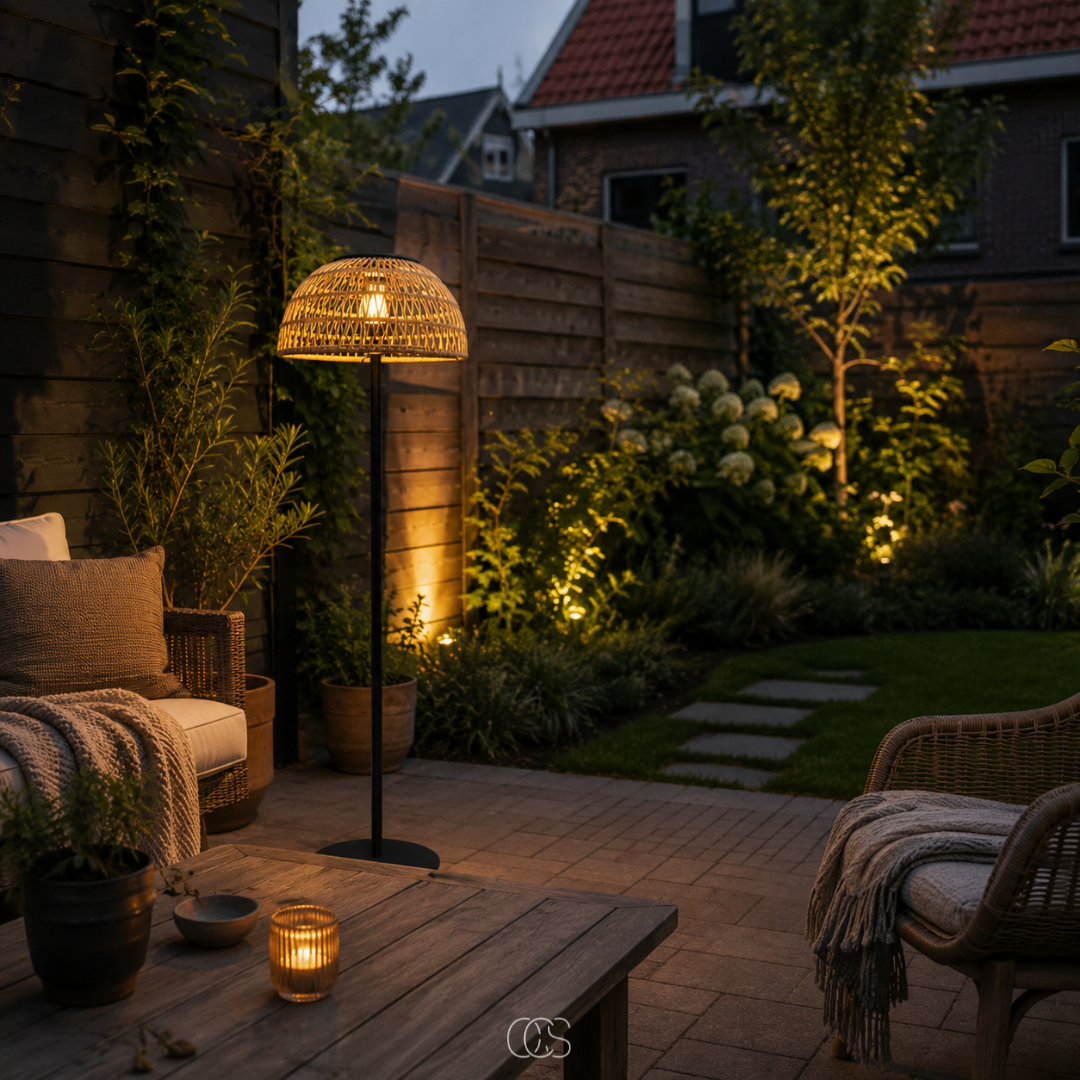 WOVELIA - Cordless Rattan Solar Floor Lamp for Cozy Outdoor Evenings