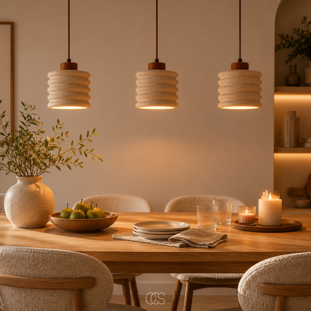 OCS - Kaishu Minimalistische Japandi Hanglamp - Travertijn & Walnoothout