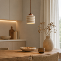 OCS - Kaishu Minimalistische Japandi Hanglamp - Travertijn & Walnoothout
