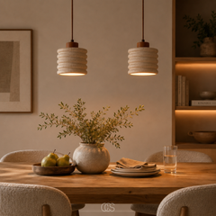 VELUNAR - Sculptural Travertine Pendant for Warm Ambient Light