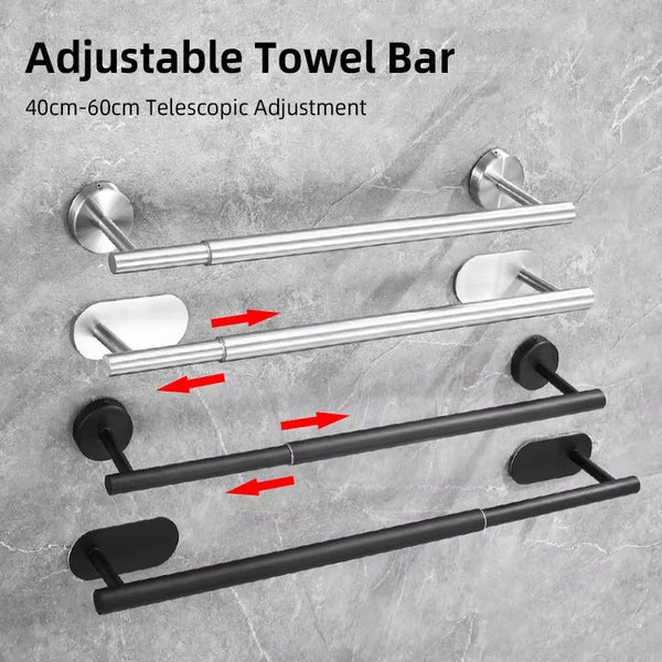 No Drill or Drill Retractable Towel Bar, 304 Stainless Steel Wall Mounted Towel Rack, Adjustable Hanging Drying Bar for Bathroom