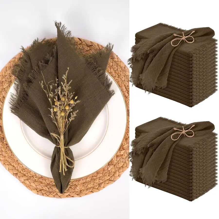 Packs Brown Napkins 16x16 Inch, Cotton Linen Handmade Cloth Napkins Bulk with Fringe Soft Rustic Boho Napkins for Wedding, Party