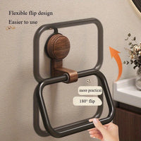 Vintage Walnut Wood Towel Ring with Suction Cup Mount, No-Drill Wall-Mounted Bathroom Towel Holder, Stainless Steel Frame