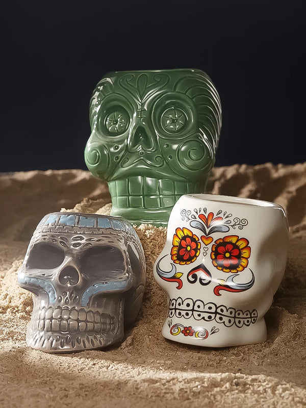 Drinking Glasses,Tattoo Skull Tiki Cocktail Glass,Flower Face Creative Cocktail Glasses,Ceramic Wineglass,Hawaii Bar Accessories