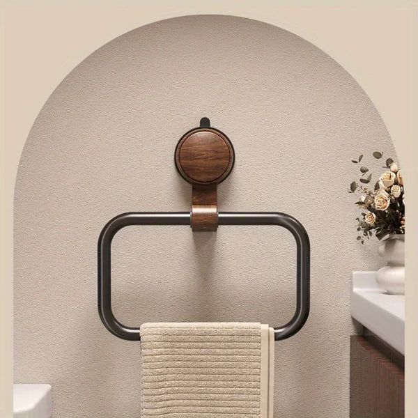 Vintage Walnut Wood Towel Ring with Suction Cup Mount, No-Drill Wall-Mounted Bathroom Towel Holder, Stainless Steel Frame