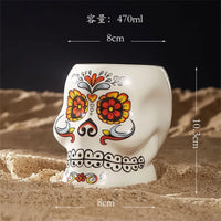 Drinking Glasses,Tattoo Skull Tiki Cocktail Glass,Flower Face Creative Cocktail Glasses,Ceramic Wineglass,Hawaii Bar Accessories