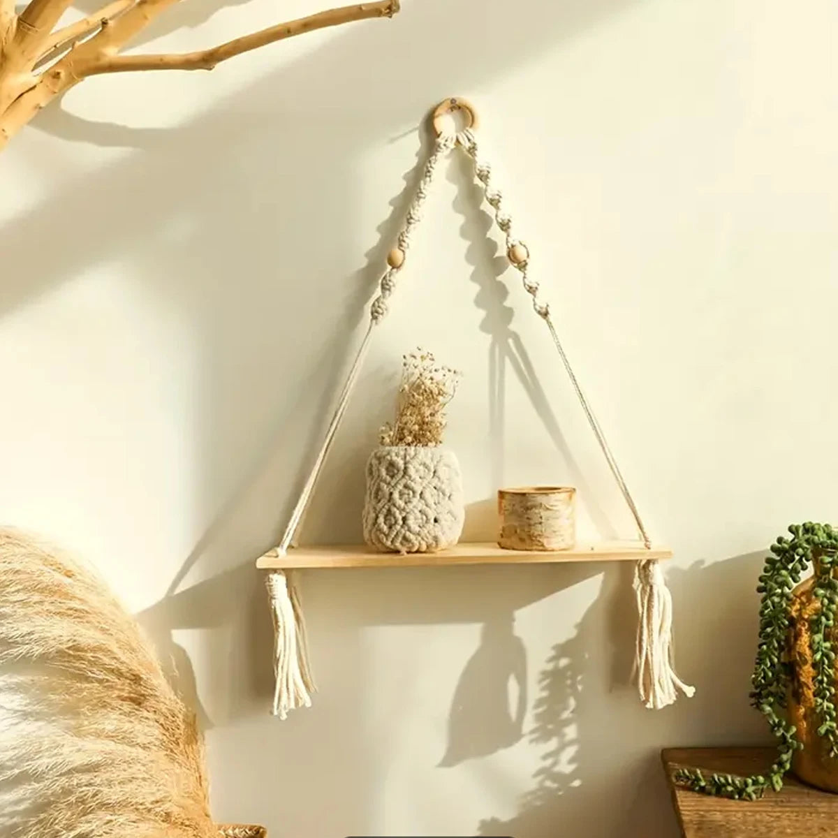 MACRIVA - Macrame Hanging Shelf for Displaying Plants and Decor