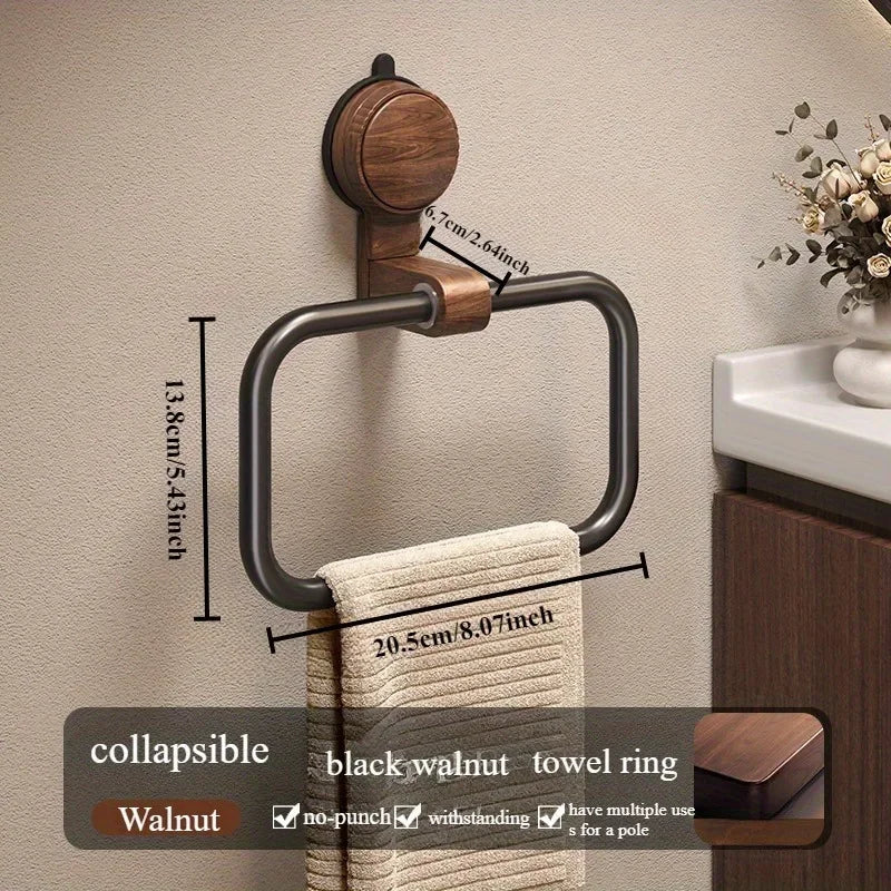 VELNORA - Walnut Towel Ring for No-Drill Bathroom Storage
