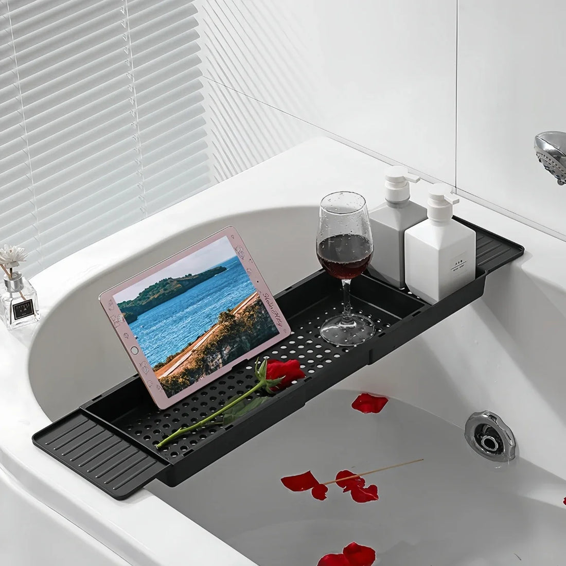 Retractable Bathtub Caddy Tray-Adjustable Plastic Bath Tub Organizer,Non-Slip Bathroom Shelf for Shower Storage bathtub tray