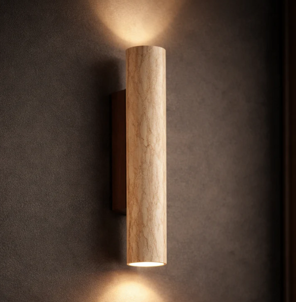 OCS - Ayumu Japandi Wandlamp van Natuursteen - Travertijn & Houten Detail