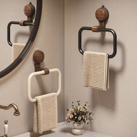 Vintage Walnut Wood Towel Ring with Suction Cup Mount, No-Drill Wall-Mounted Bathroom Towel Holder, Stainless Steel Frame