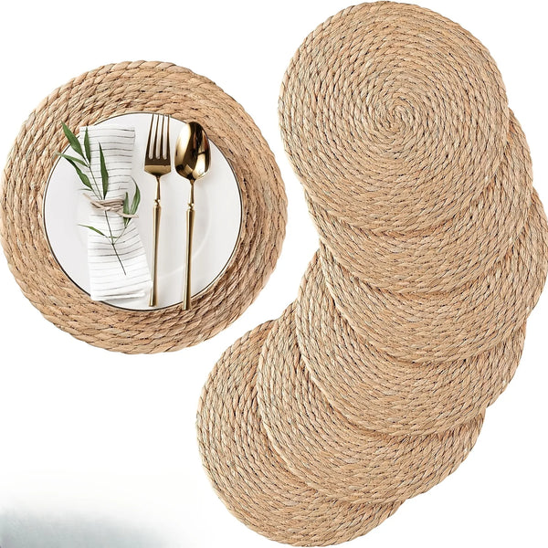 Handwoven Rattan Placemats Round Heat Insulation Pot Mats Bohemian Coaster Natural Western Placemats Dining Home Wedding Decor