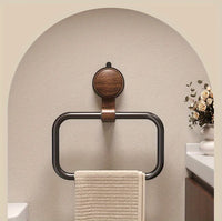 Vintage Walnut Wood Towel Ring with Suction Cup Mount, No-Drill Wall-Mounted Bathroom Towel Holder, Stainless Steel Frame