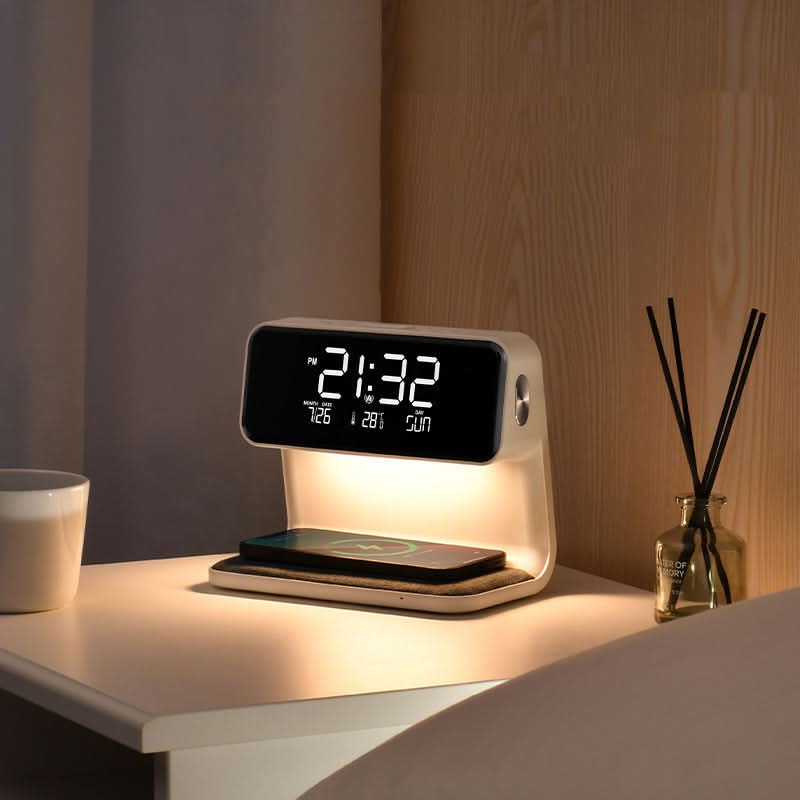 Nachtlampje met LCD Wekker en Draadloze Oplader 3-in-1 Touch Bediening