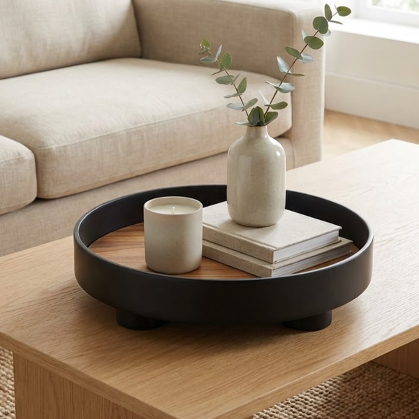 Rond Houten Dienblad met Eiken Inleg en Zwarte Opstaande Rand voor Salontafel