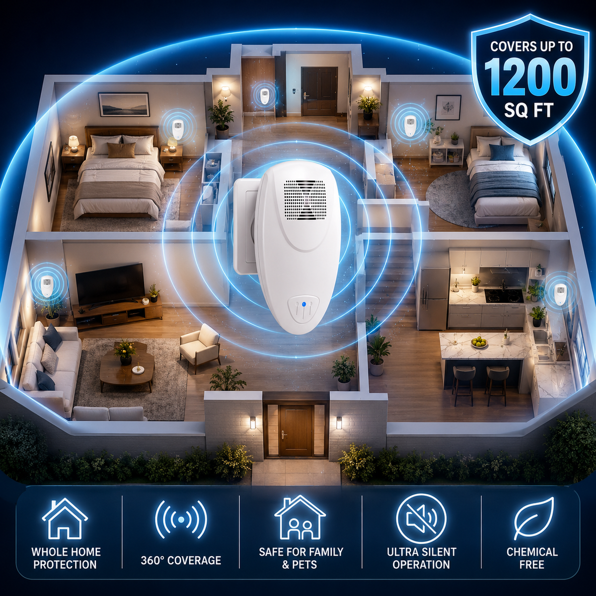 BUGBARRIER - Plug-In Ultrasonic Pest Repeller for Quiet Chemical-Free Control
