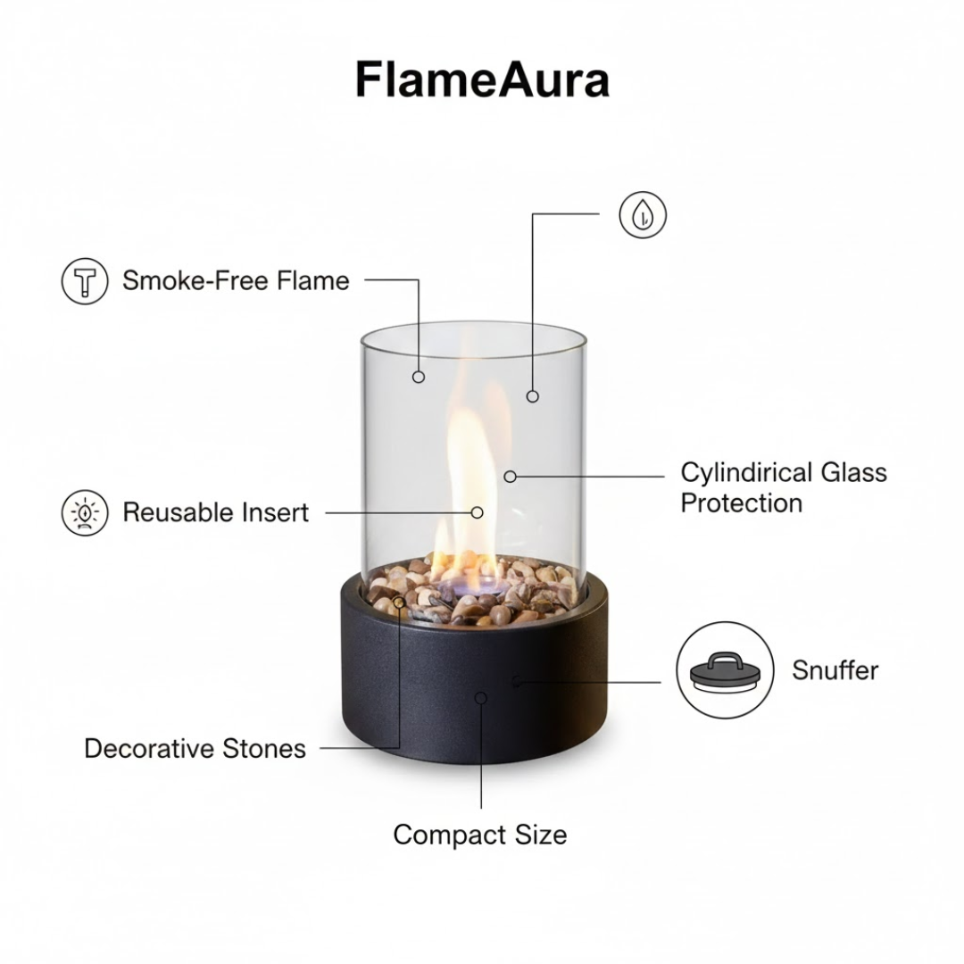 IGNELORA - Tabletop Bioethanol Fireplace for Smoke-Free Ambience
