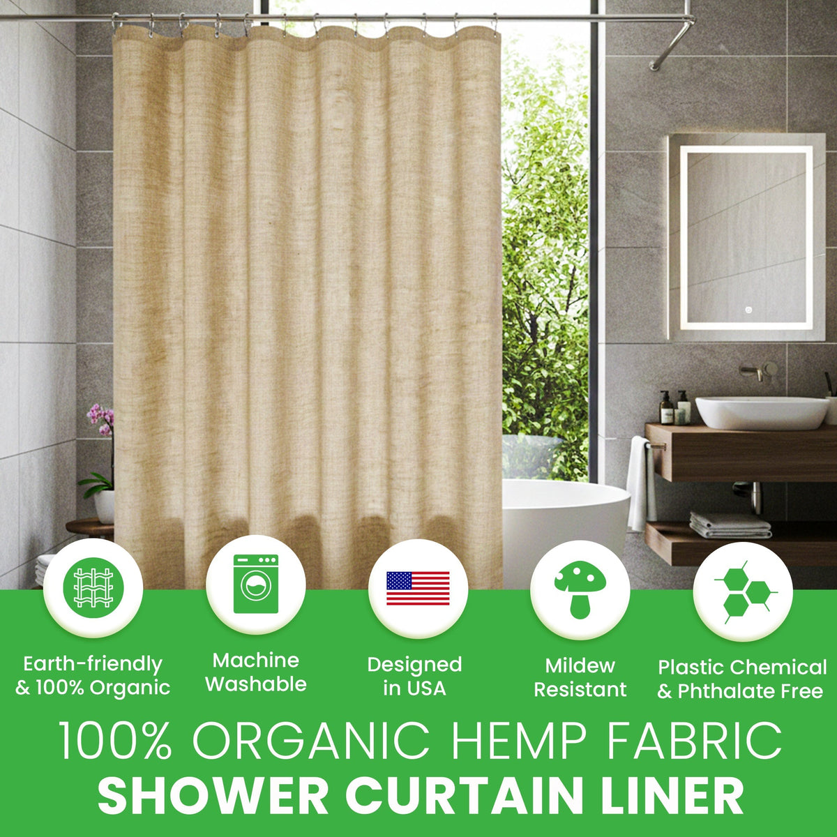 HEMVARA - Organic Hemp Shower Curtain for Liner-Free Bathing