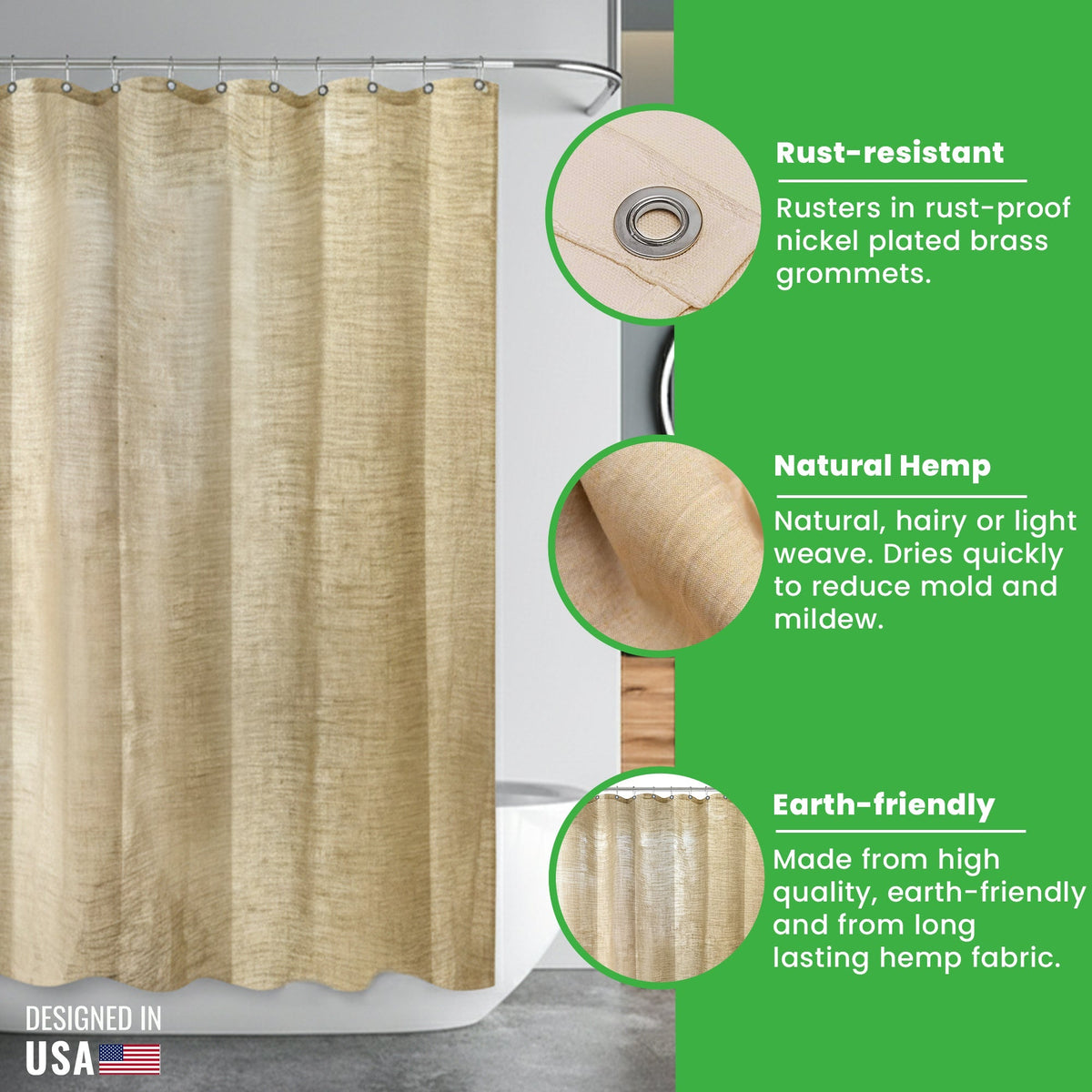 HEMVARA - Organic Hemp Shower Curtain for Liner-Free Bathing