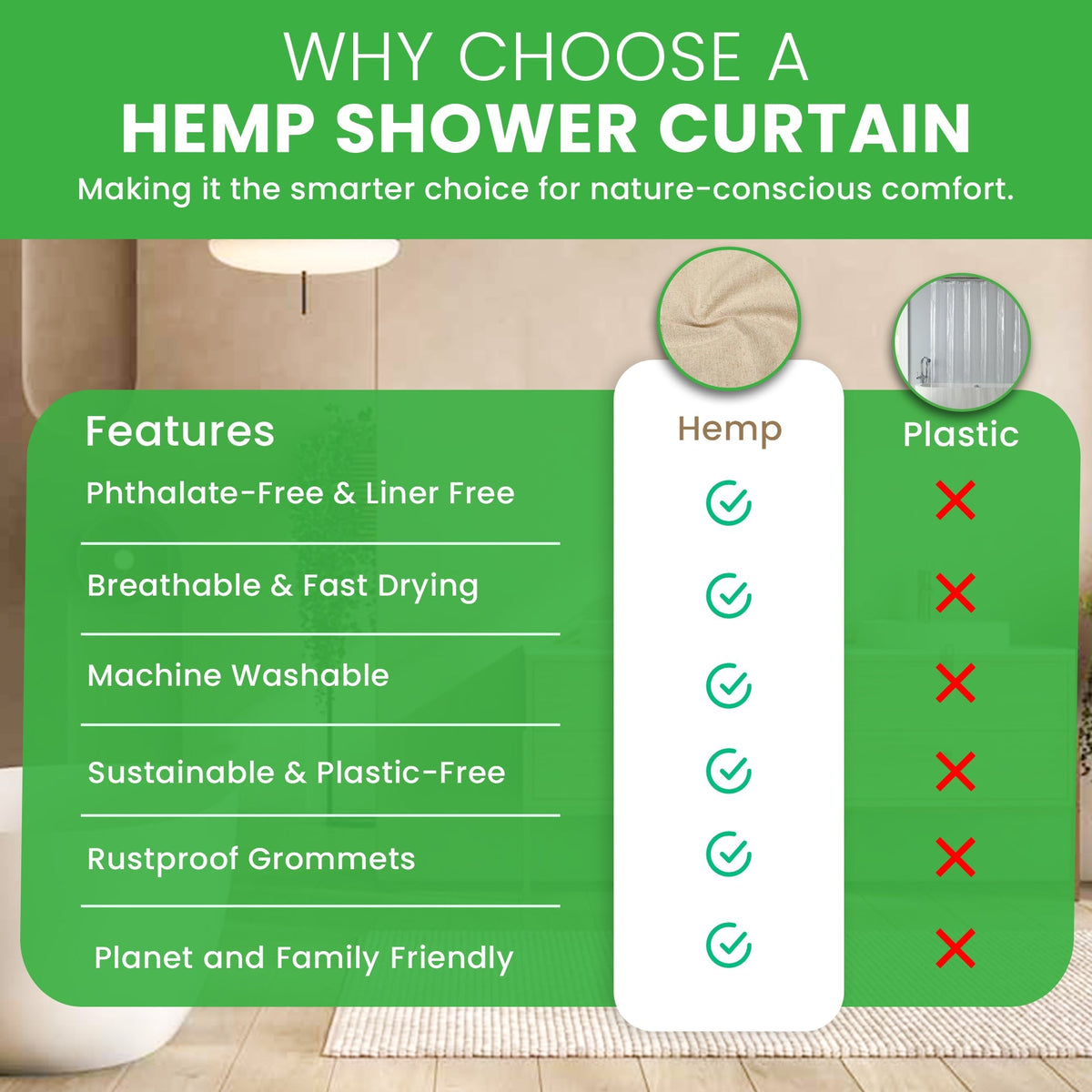 HEMVARA - Organic Hemp Shower Curtain for Liner-Free Bathing