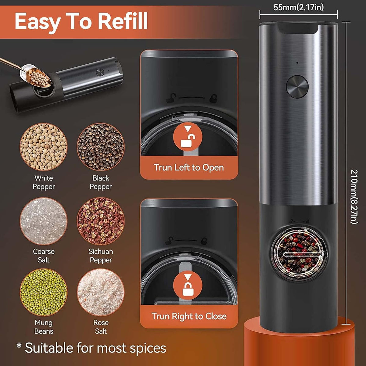 PEPRILO - Rechargeable Electric Mill Set for One-Handed Seasoning